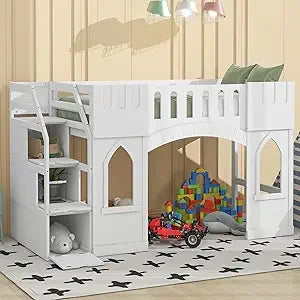 Twin Size Loft Bed With Play House And Ladders For Kids