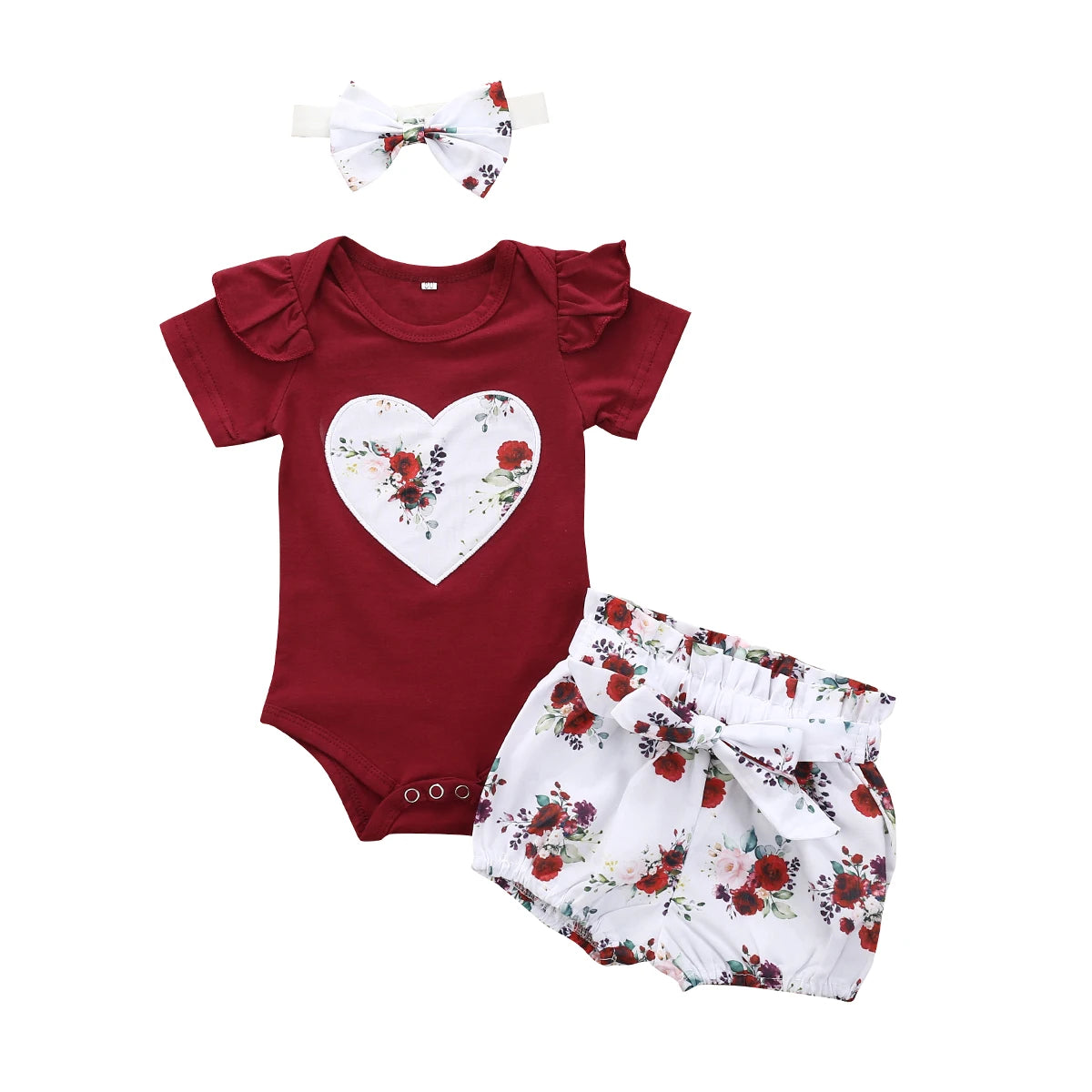 Adorable Baby Girls Summer Set Sleeveless Romper Ruffles Floral Print Shorts Matching Bow Headband 3 Piece Outfit
