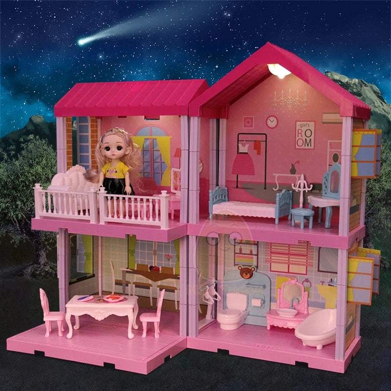 DIY Princess Big Villa Simulation Assembled Dollhouse Pink Castle Pretend Play Educational Toy for Girls Birthday Gift