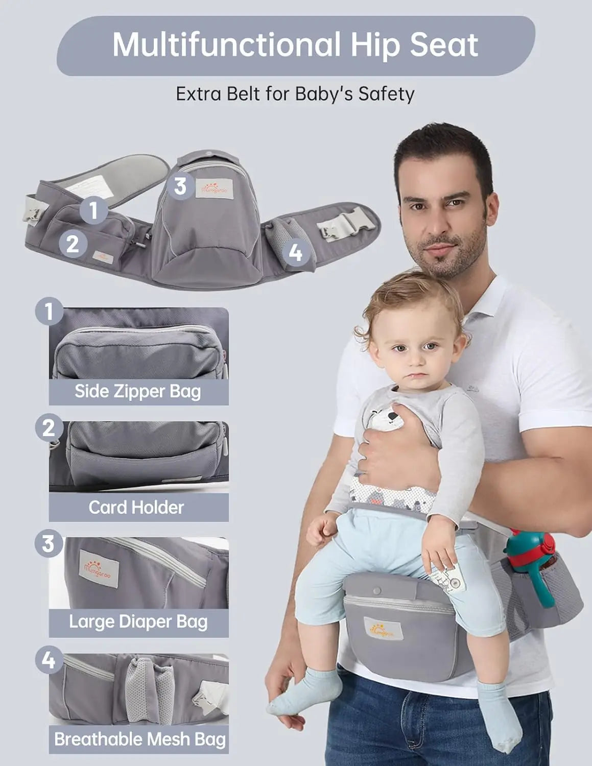Baby Carrier Newborn to Toddler All Seasons Toddler Carrier with Hood Multi Position Baby Hip Carrier