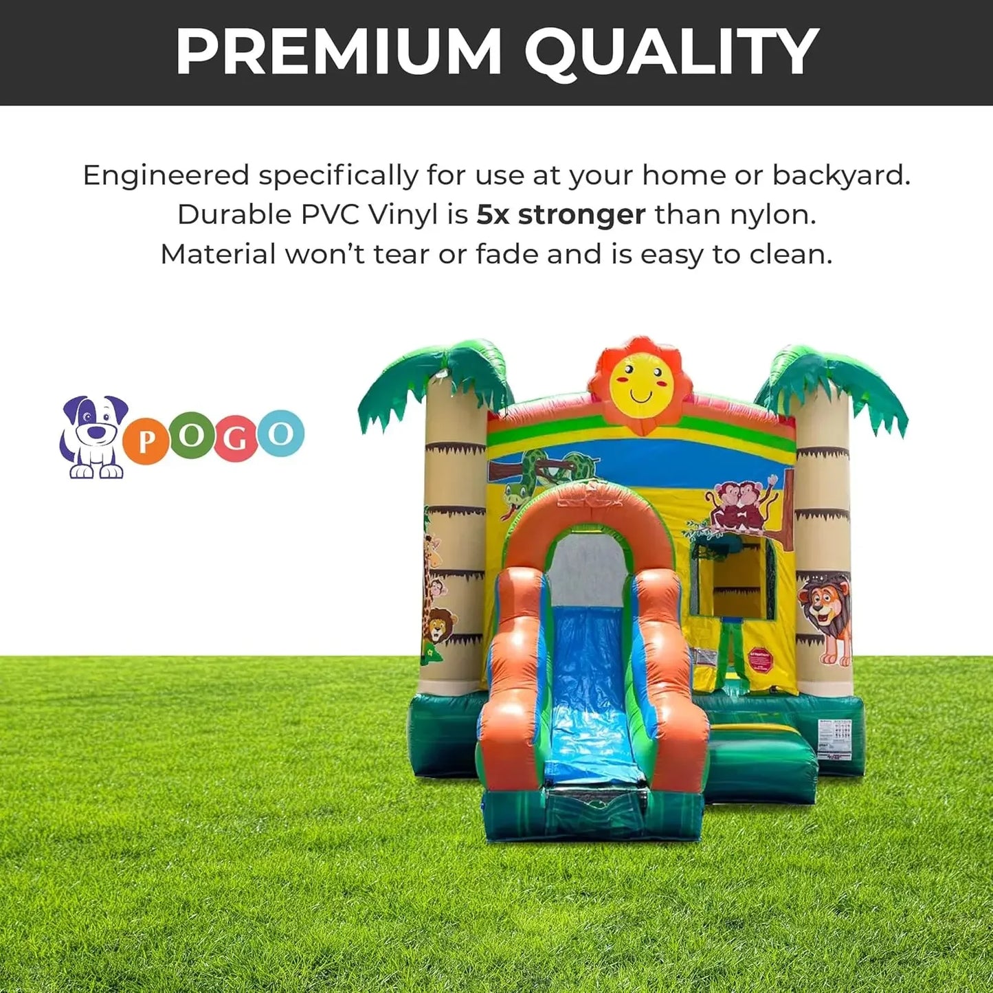 Inflatable Bounce House with Slide for Kids 12 x 12 x 18 Foot Backyard Tropical Jungle Castle Smiley Face Combo Bouncer