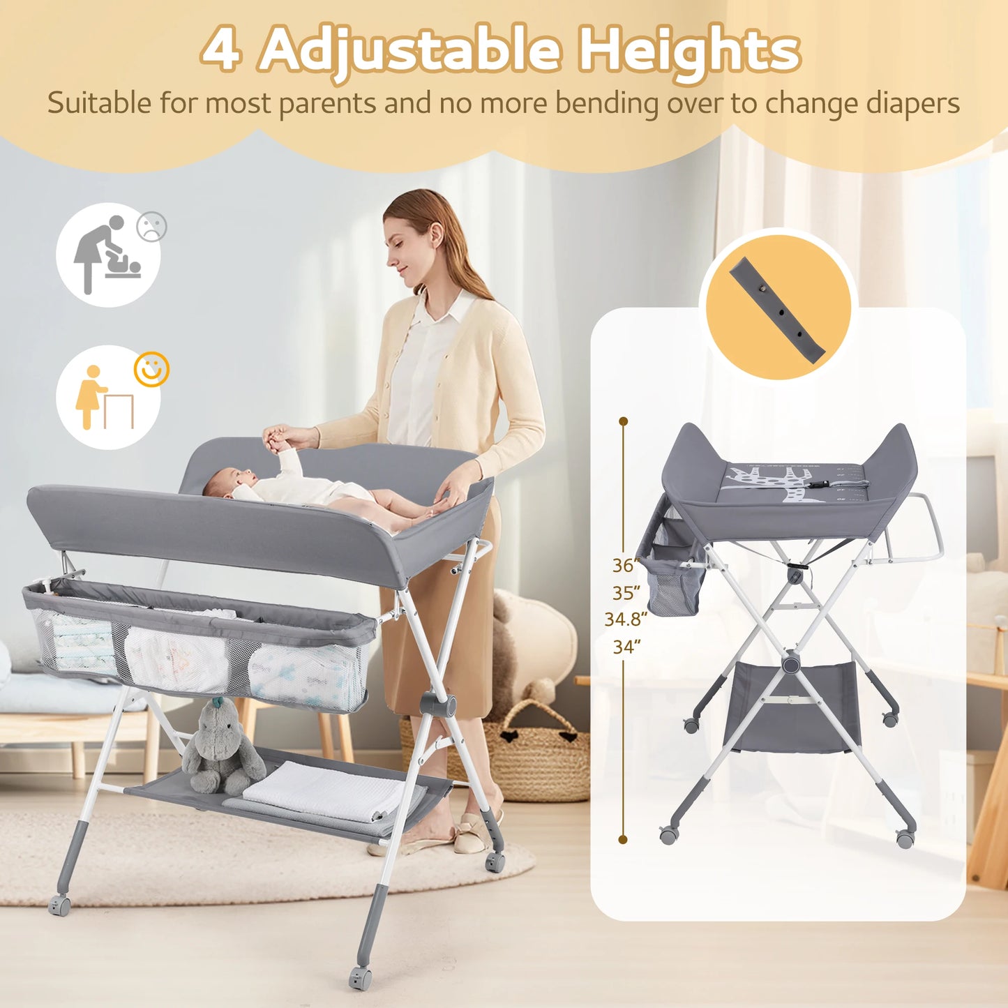Portable Baby Changing Table With Wheels Foldable Changing Station Waterproof Height Adjustable Changing Table