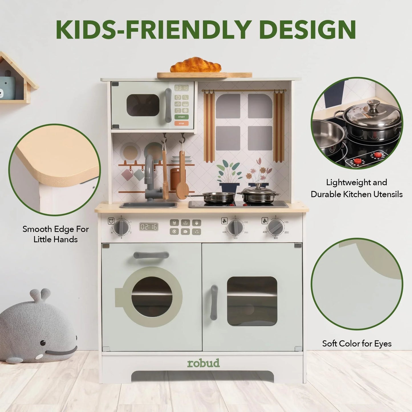 Robotime Robud Wooden Play Kitchen Set with Lights and Sounds for Kids Ages 3 Plus Light Green