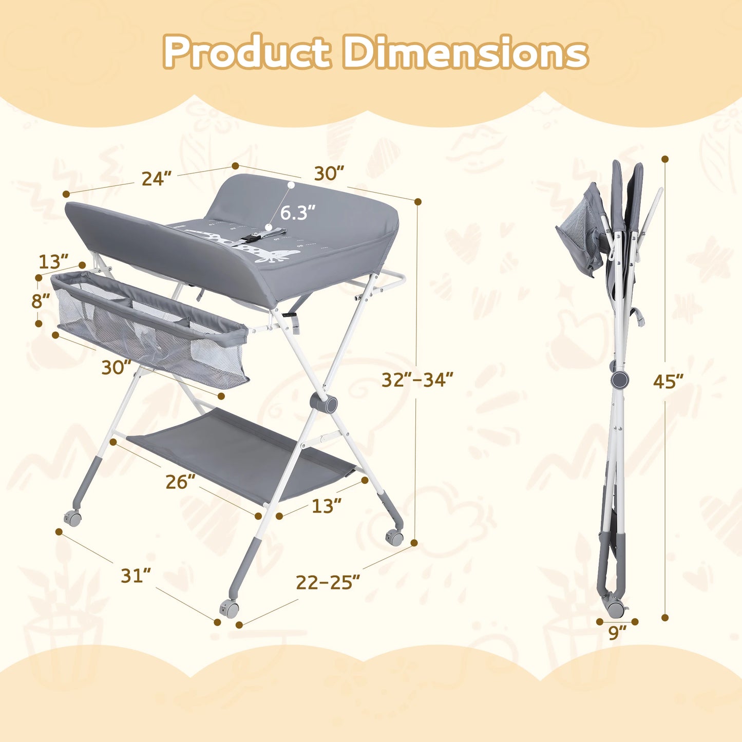 Portable Baby Changing Table With Wheels Foldable Changing Station Waterproof Height Adjustable Changing Table