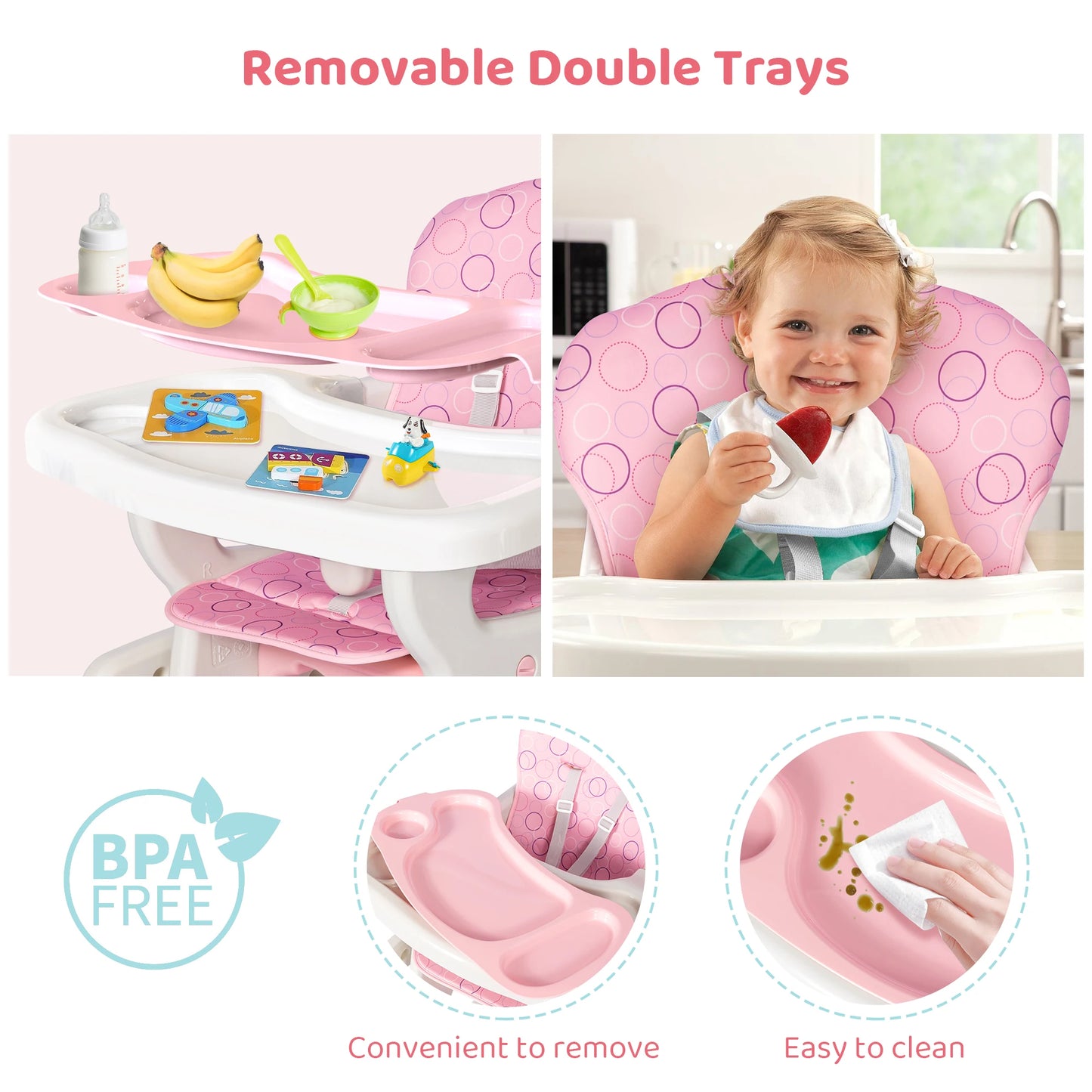 Baby High Chair Foldable 2-in-1 with Table Footrest Detachable Double Tray Easy to Clean Feeding Highchair