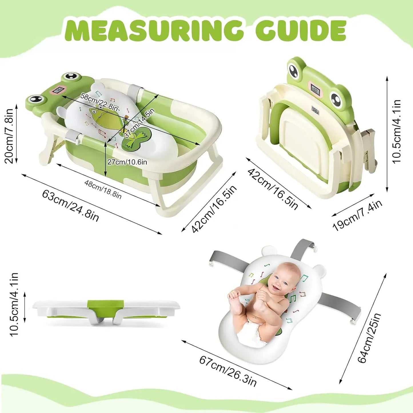 Baby Bath Tub with Bath Cushion Foldable Bathtub with Thermometer Shower Cap and Shower Brush for Newborn and Toddler 0 to 36 Months