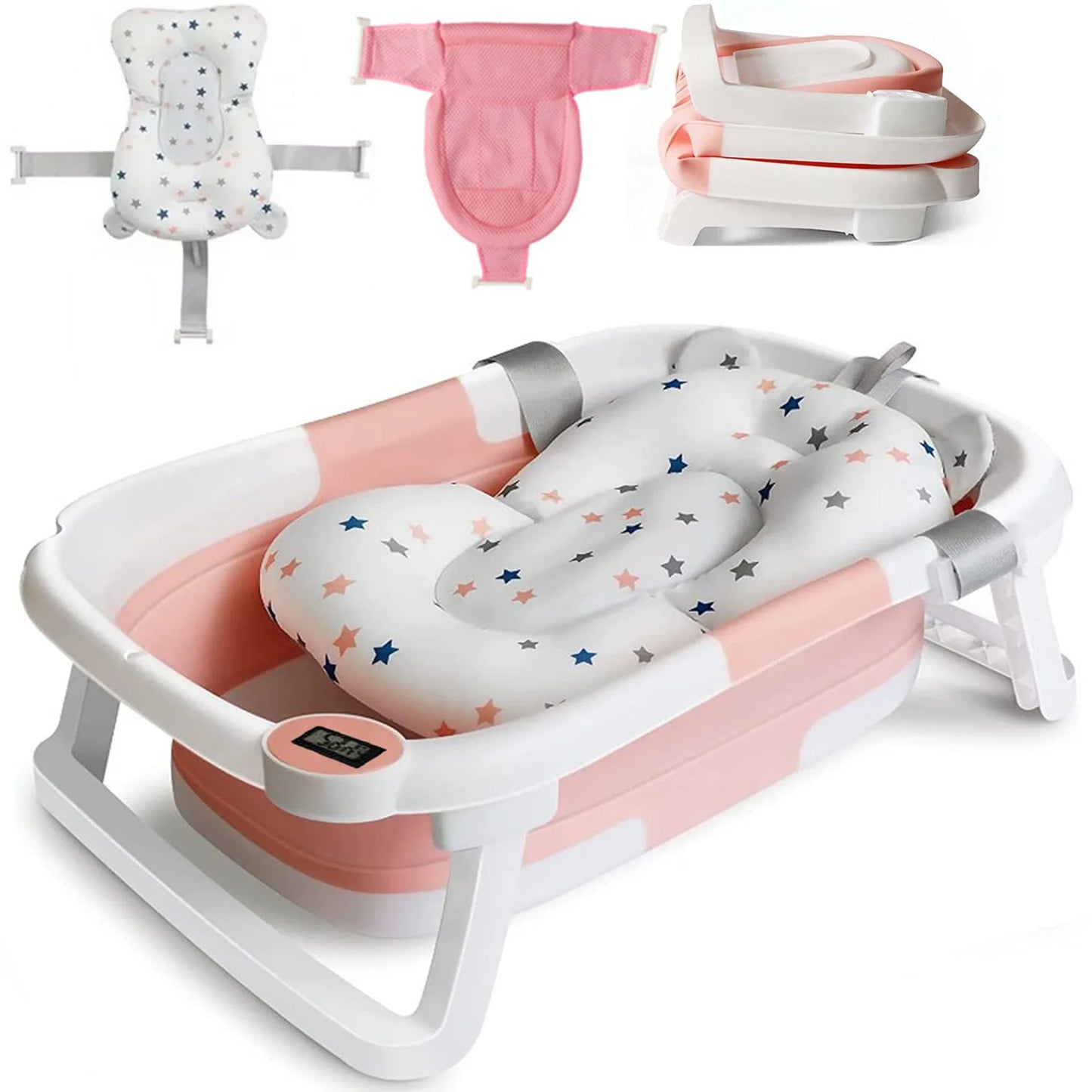 Baby Bath Tub with Bath Cushion Foldable Bathtub with Thermometer Shower Cap and Shower Brush for Newborn and Toddler 0 to 36 Months