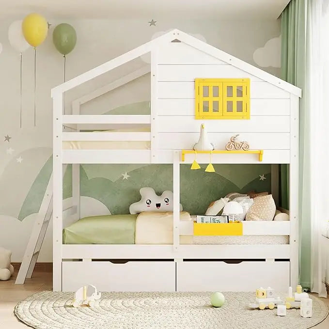 Twin Over Twin Bunk Bed With Drawers Storage Box Shelf Wood