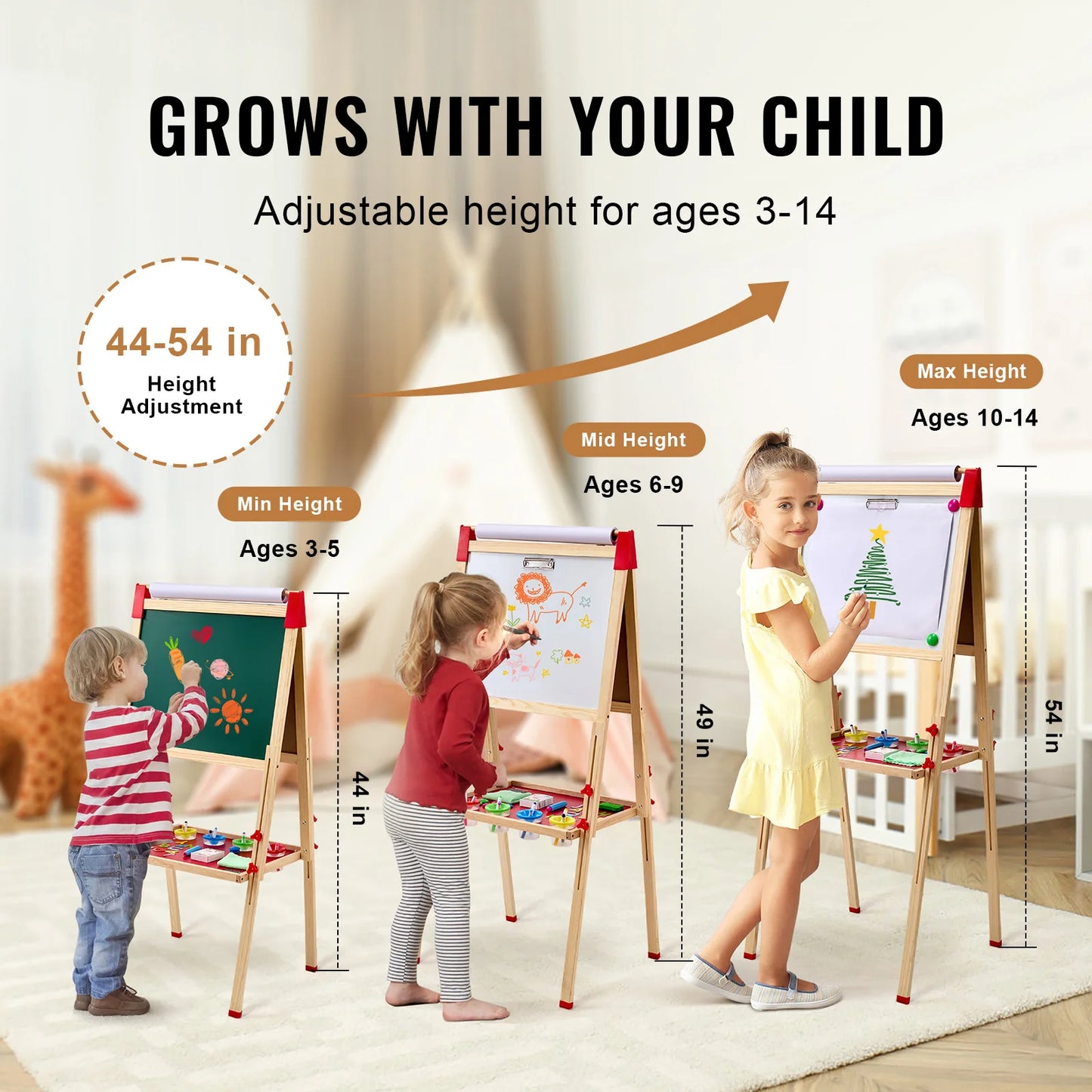 Vevor Children Magnetic Drawing Board Wooden Double-Sided Kids Art Easel with Whiteboard and Chalkboard for Boys and Girls Gifts Toys