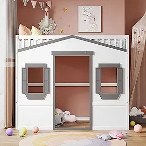 Twin Size Loft Bed With Play House And Ladders For Kids