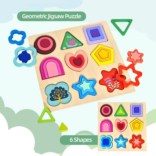3D Wooden Puzzles Montessori Toys for Kids Geometry Shapes