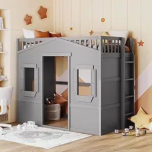 Twin Size Loft Bed With Play House And Ladders For Kids