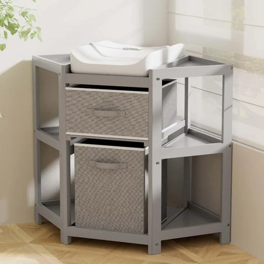 Baby Corner Changing Table With Storage Drawers And Pad