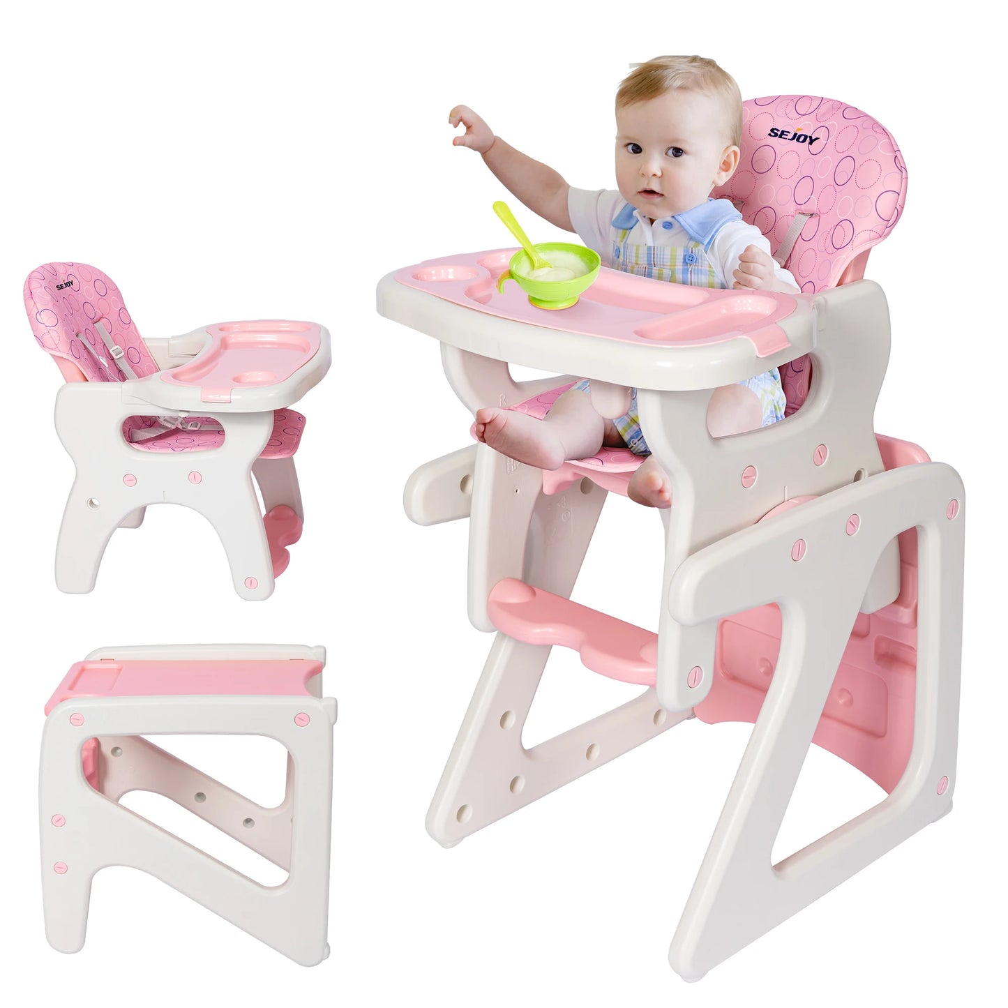 Baby High Chair Foldable 2-in-1 with Table Footrest Detachable Double Tray Easy to Clean Feeding Highchair