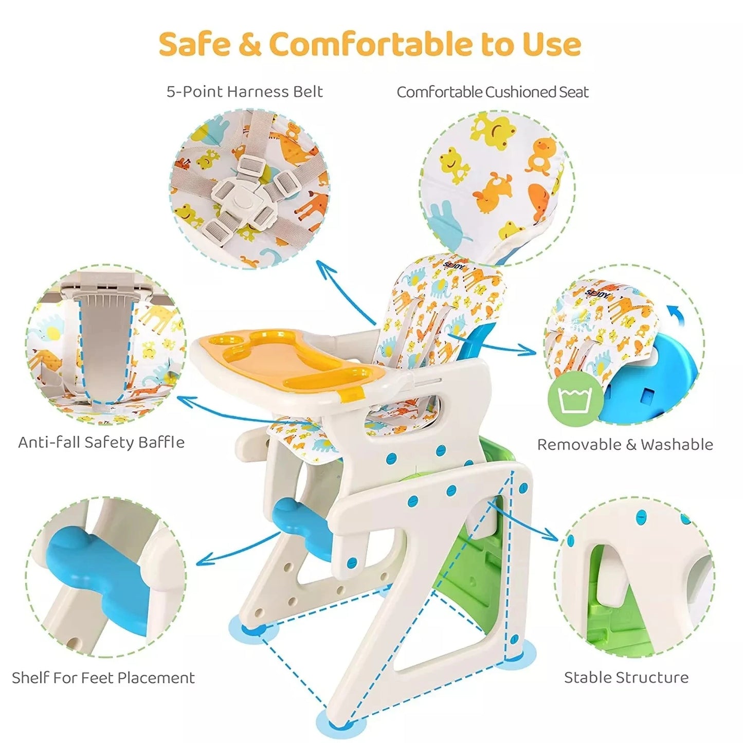 Sejoy High Chairs For Babies Toddlers 3 In 1 Adjustable Backrest Infant Feeding Chair
