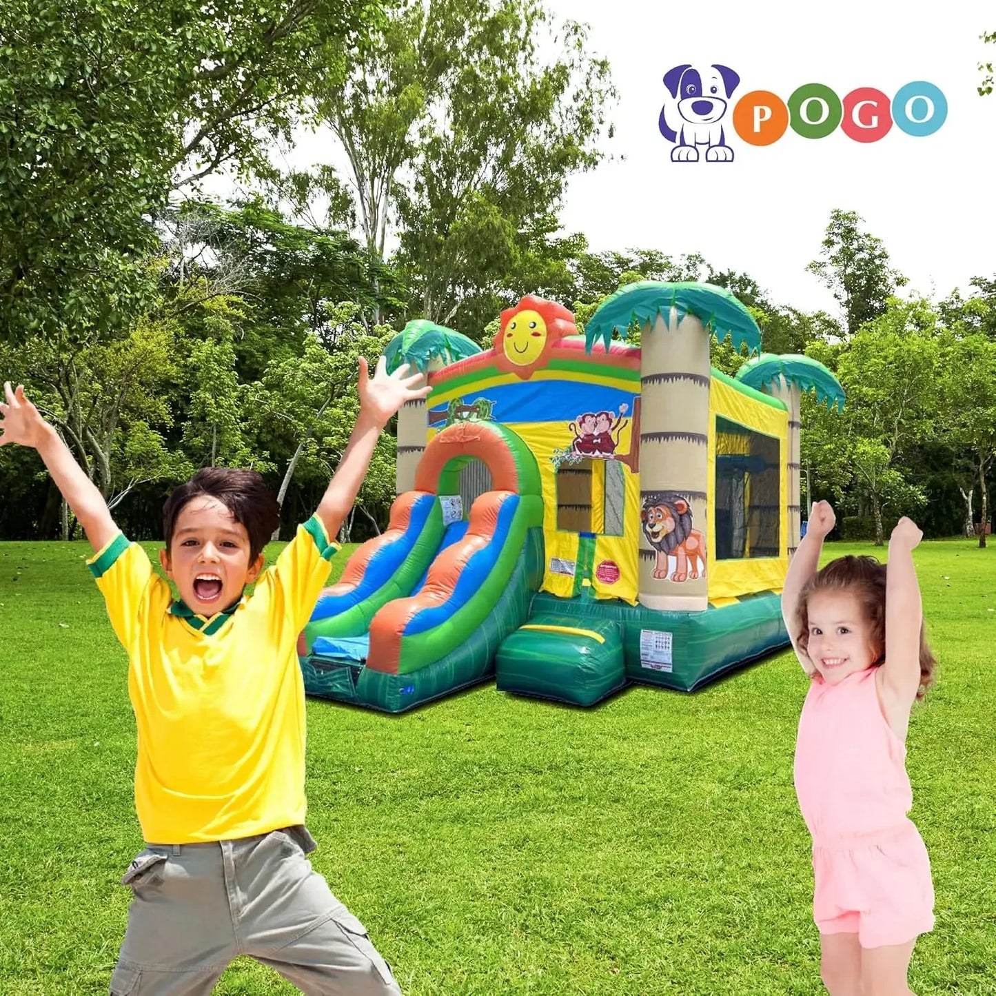 Inflatable Bounce House with Slide for Kids 12 x 12 x 18 Foot Backyard Tropical Jungle Castle Smiley Face Combo Bouncer