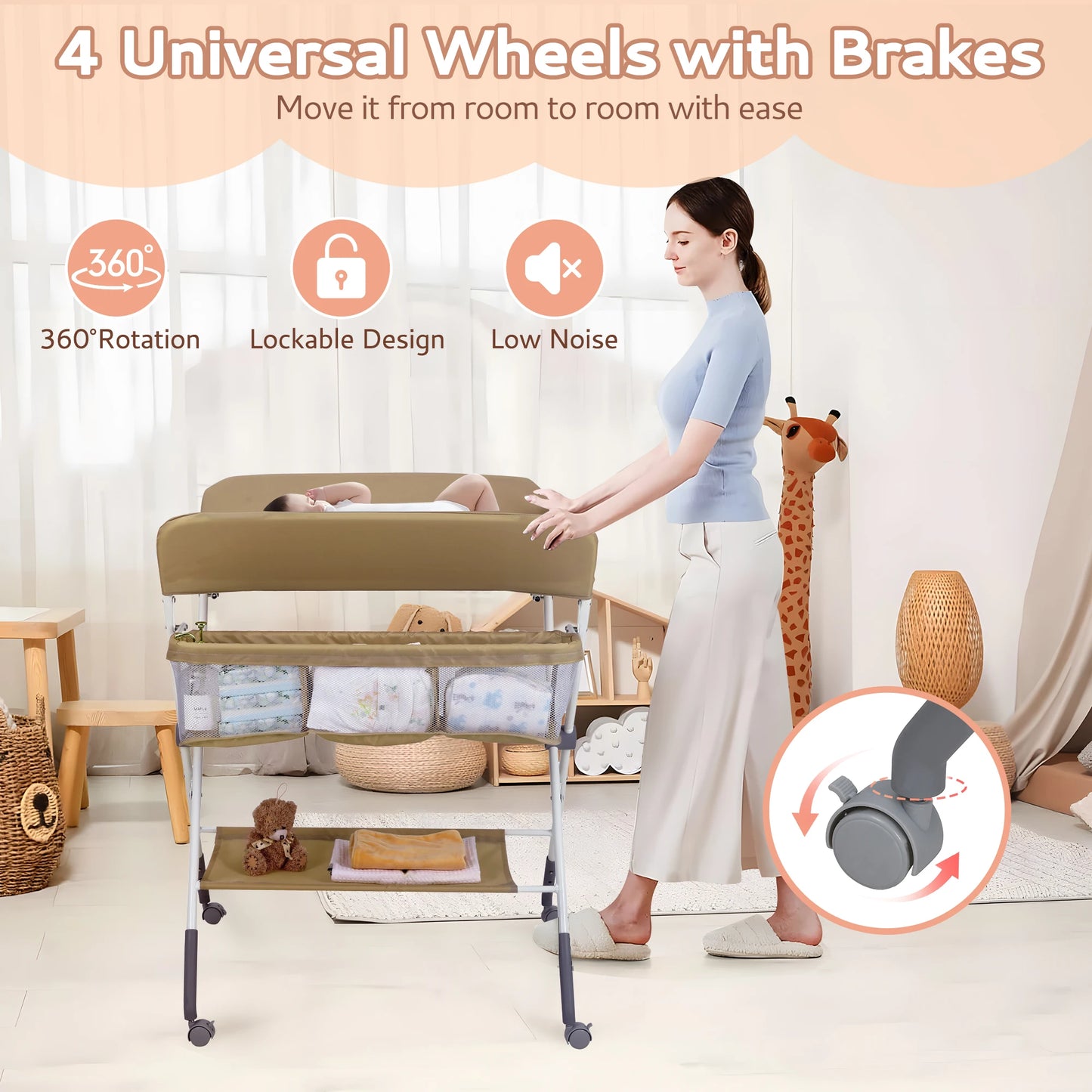 Portable Baby Changing Table With Wheels Foldable Changing Station Waterproof Height Adjustable Changing Table