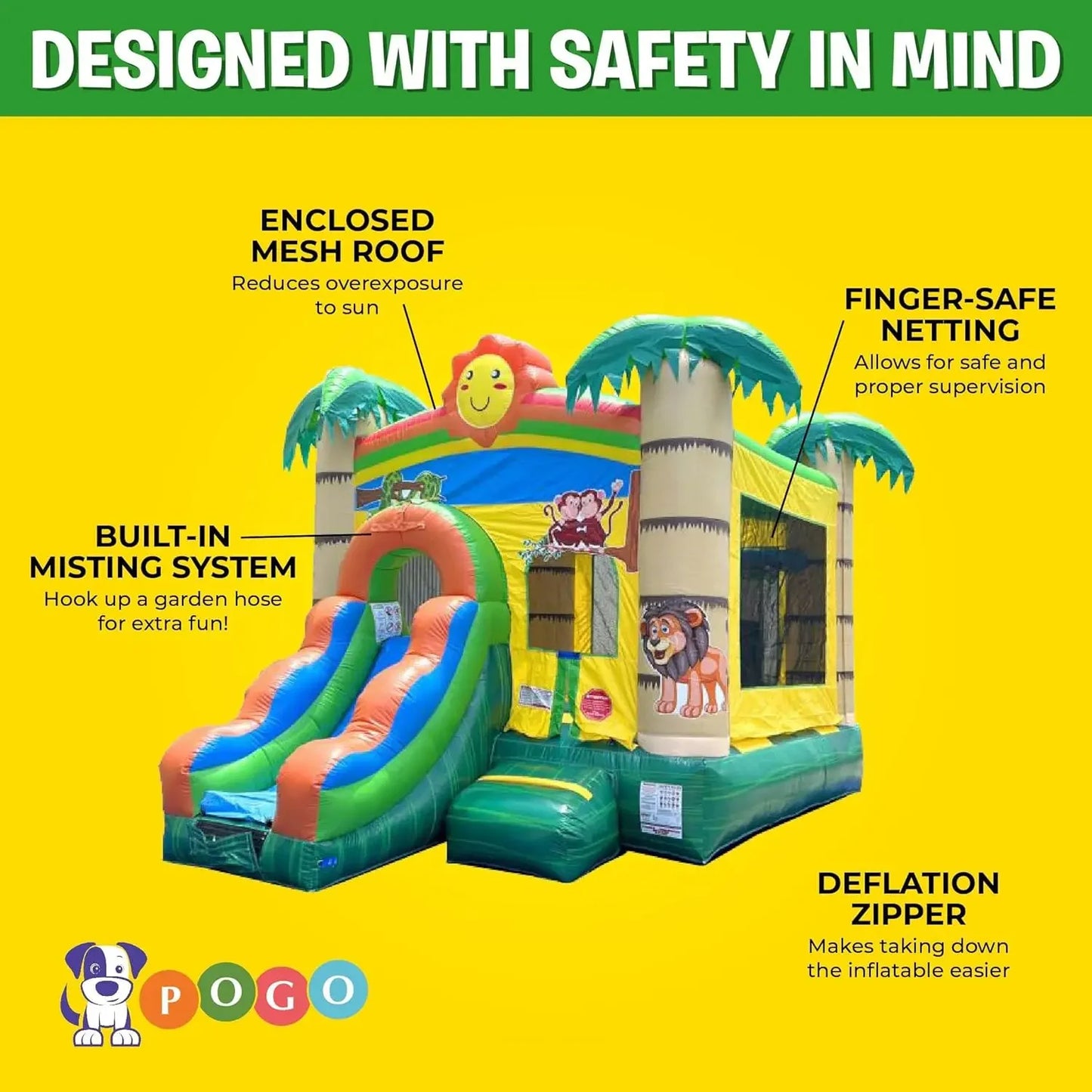 Inflatable Bounce House with Slide for Kids 12 x 12 x 18 Foot Backyard Tropical Jungle Castle Smiley Face Combo Bouncer
