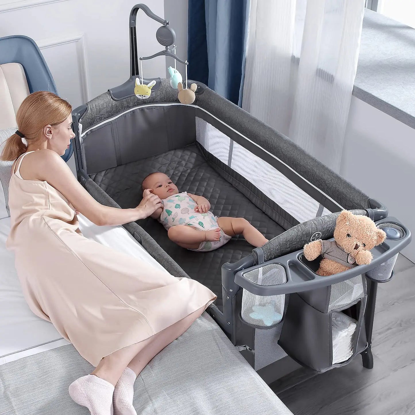 Cheap Hot Sale OEM Adjustable Baby Travel Rollaway Bed Bedside Crib Side Bed with Wheels and Diaper Table for 0 to 3 Years