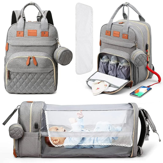 3 In 1 Diaper Bag Backpack Foldable Baby Bed Waterproof USB