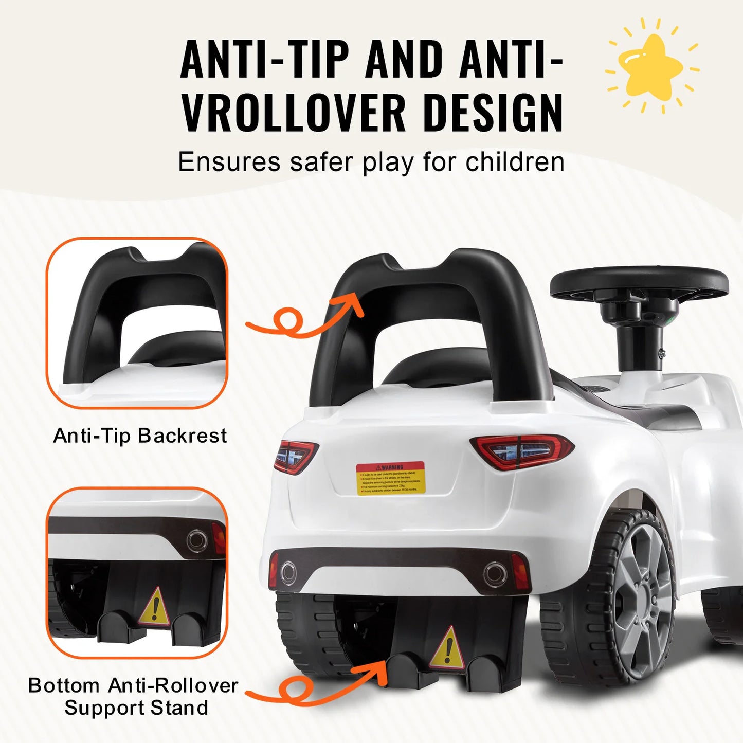 SucceBuy White Pink Ride On Push Car For Toddlers With Music Steering Wheel