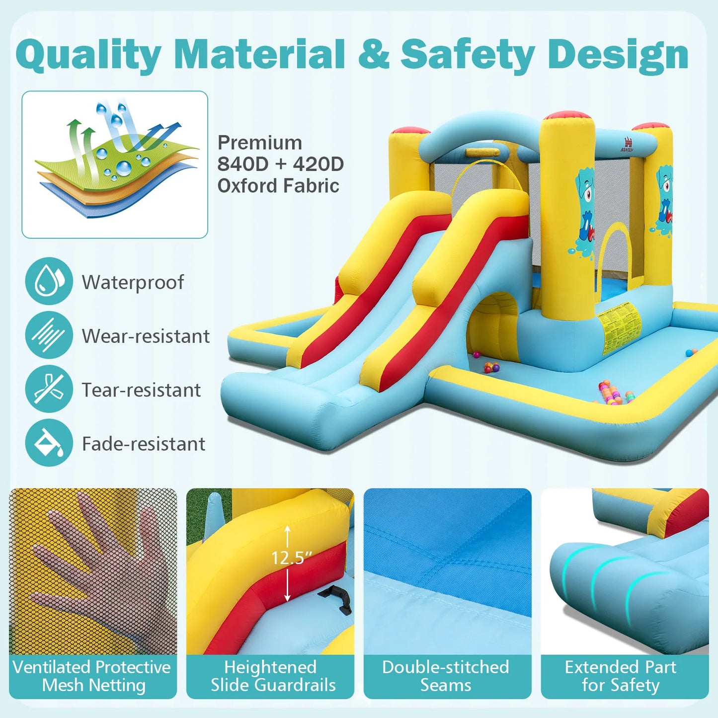 7-in-1 Giant Inflatable Bounce House with Slide Tunnel Basketball Hoop and Ring Toss Game