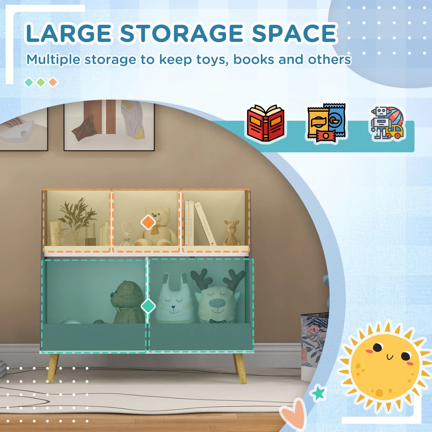 2 Tier Kids Bookcase Toy Shelf with 5 Compartments Gray