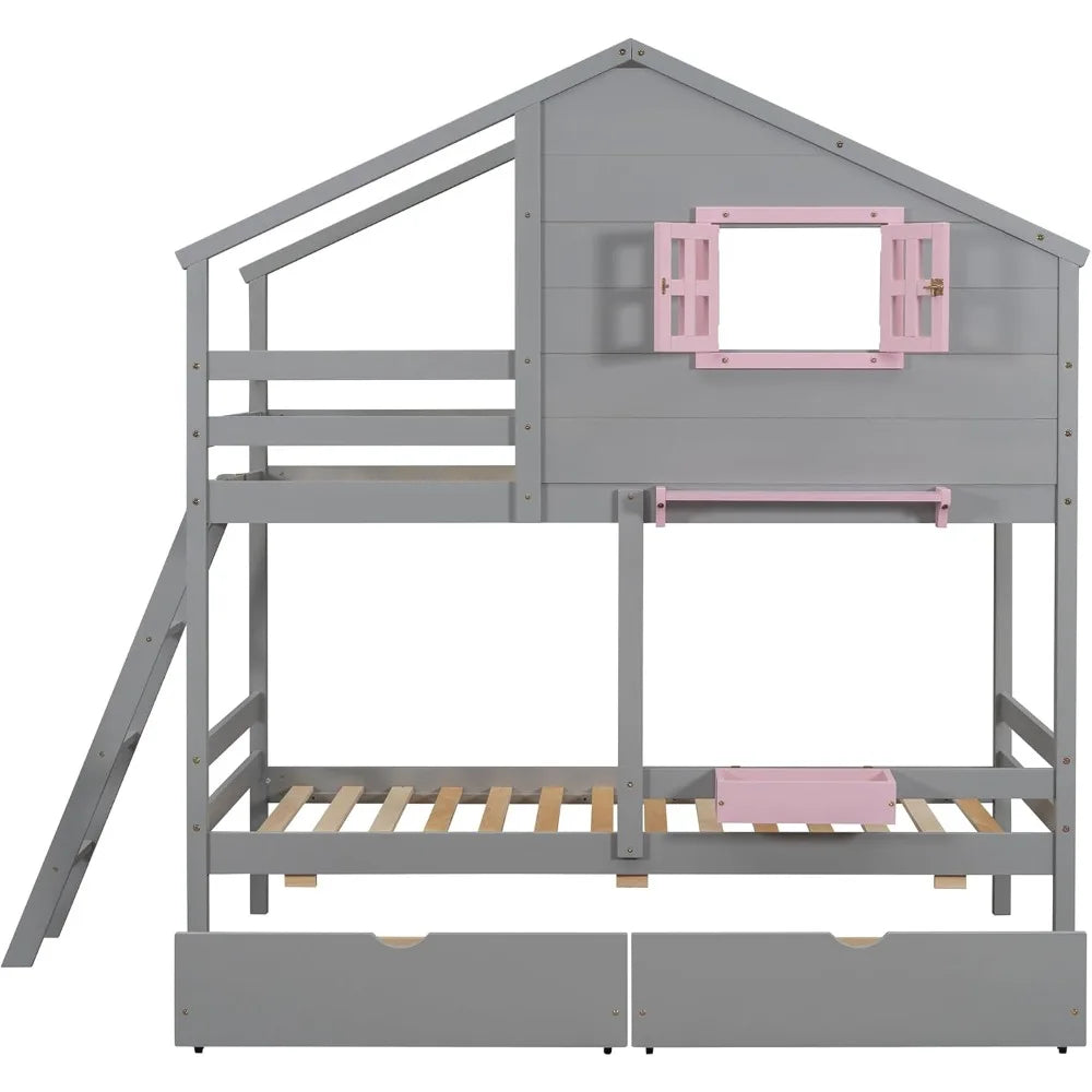 Twin Over Twin Bunk Bed With Drawers Storage Box Shelf Wood