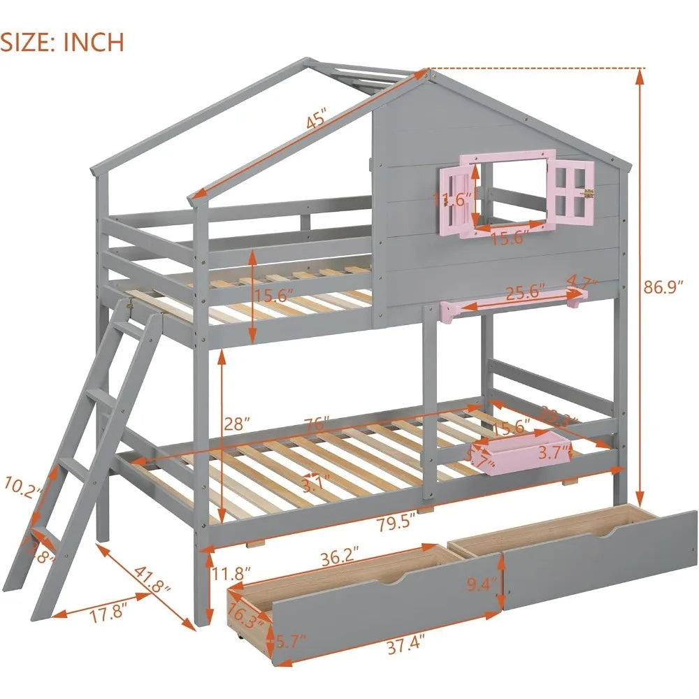 Twin Over Twin Bunk Bed With Drawers Storage Box Shelf Wood