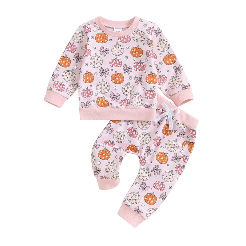 Infant Girls Halloween Pumpkin Patterned Top and Pants Set
