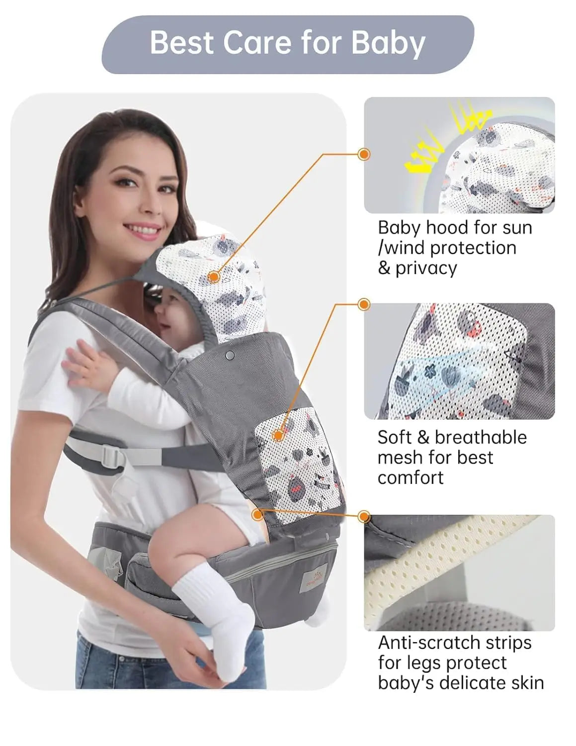 Baby Carrier Newborn to Toddler All Seasons Toddler Carrier with Hood Multi Position Baby Hip Carrier