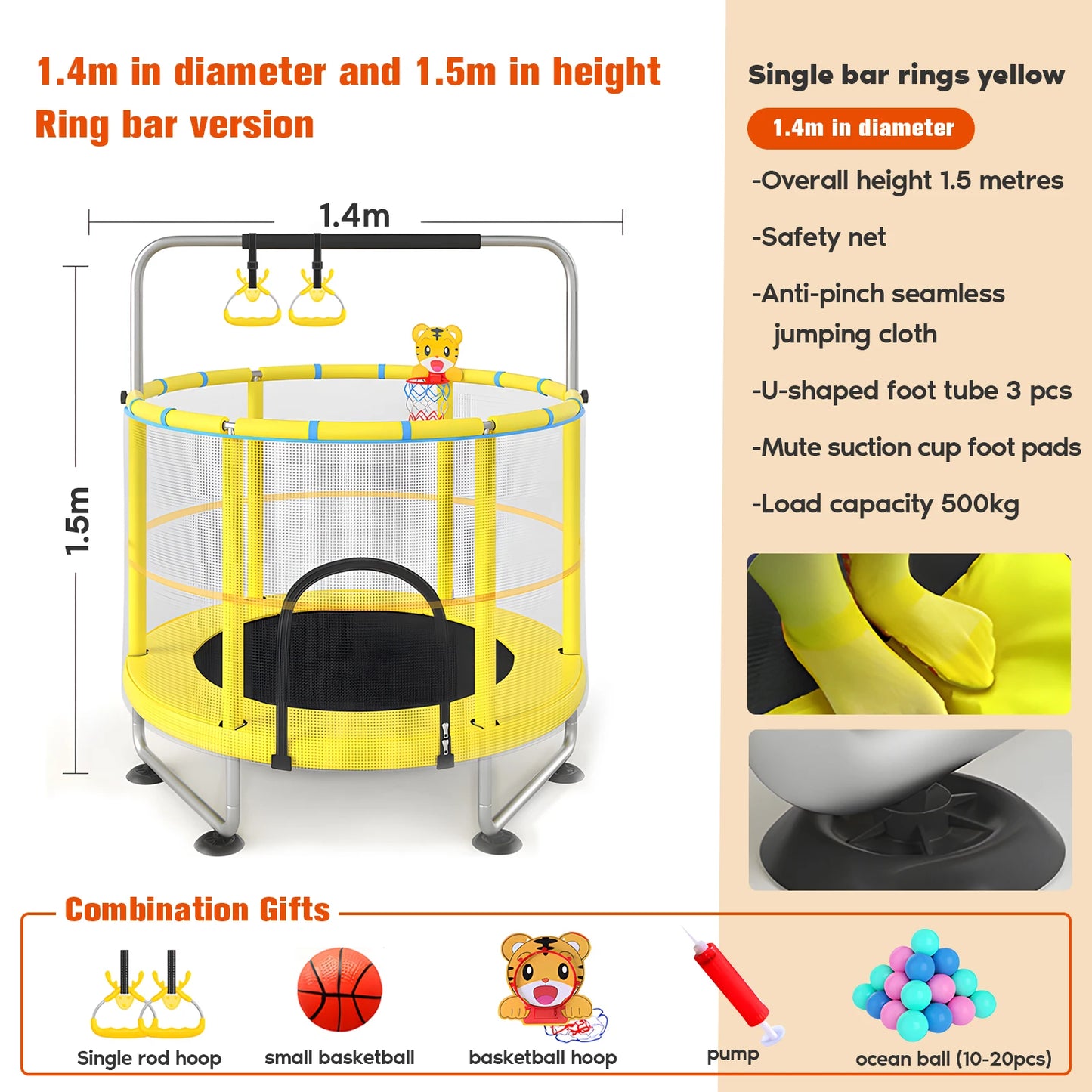Indoor Trampoline for Kids Ages 1 to 8 55 Inch Small Outdoor Toddler Trampoline with Safety Enclosure Net No Gap Safe Design