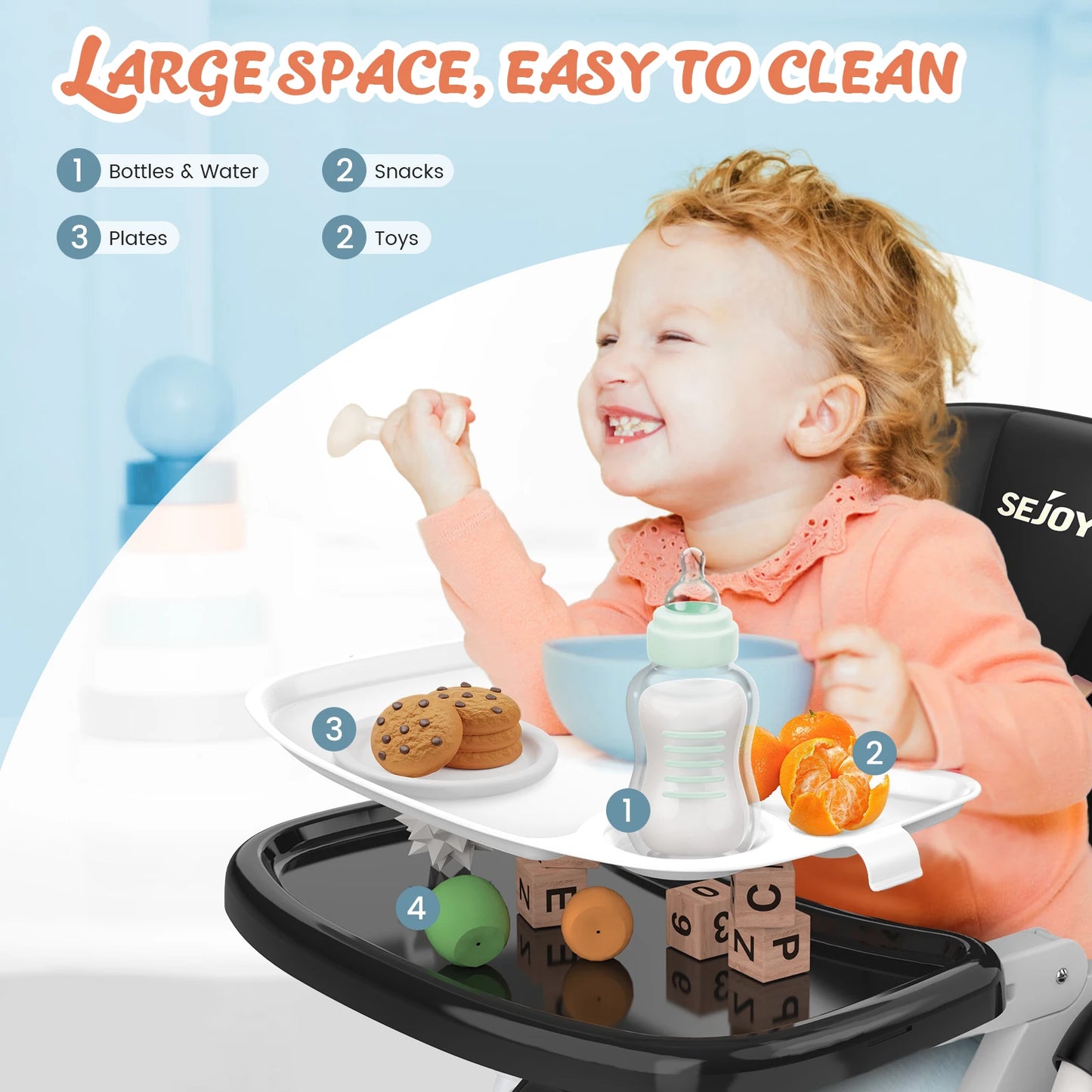 Sejoy Adjustable Baby High Chair with 5 Point Harness 3 Tier Tray and Wheels CE CPC Certified Children's Dining Chair