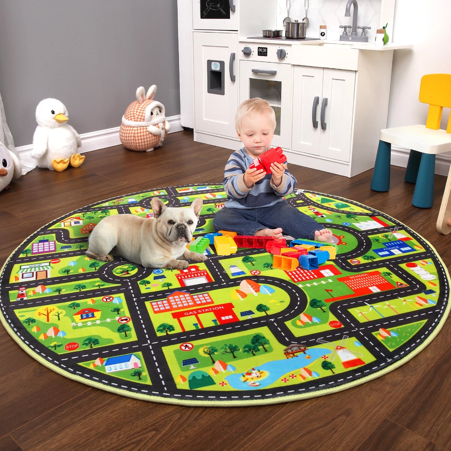 Round 4Ft Kids Rug Playroom Car Mat City Road Map For Cars