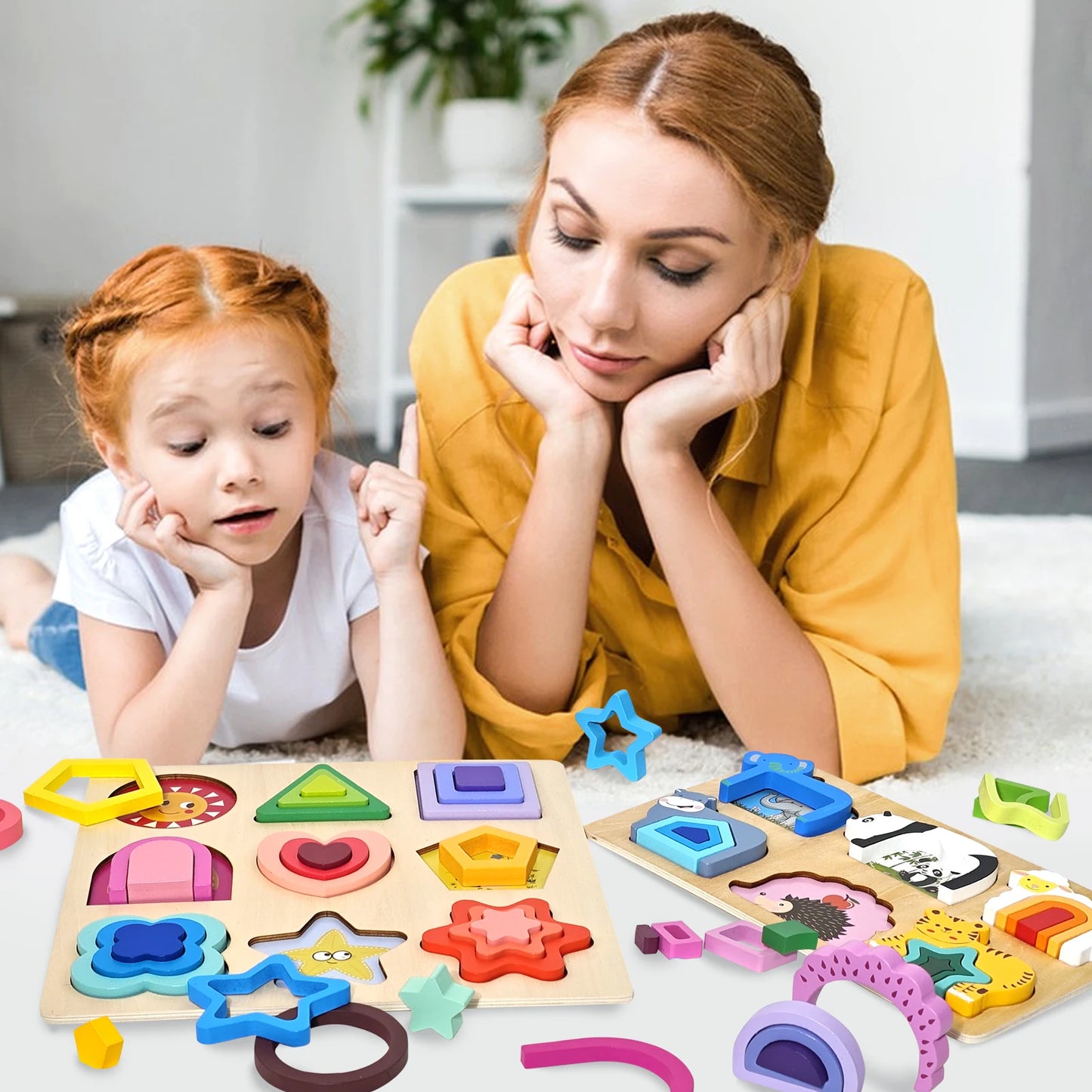 3D Wooden Puzzles Montessori Toys for Kids Geometry Shapes