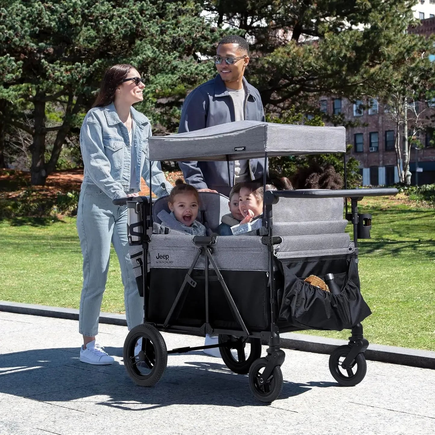 Deluxe 4 Seater Stroller Wagon Premium Quad Stroller for 4 Kids with Convertible Seats Adjustable Push Pull Handles Removable Canopy Flat Fold Grey