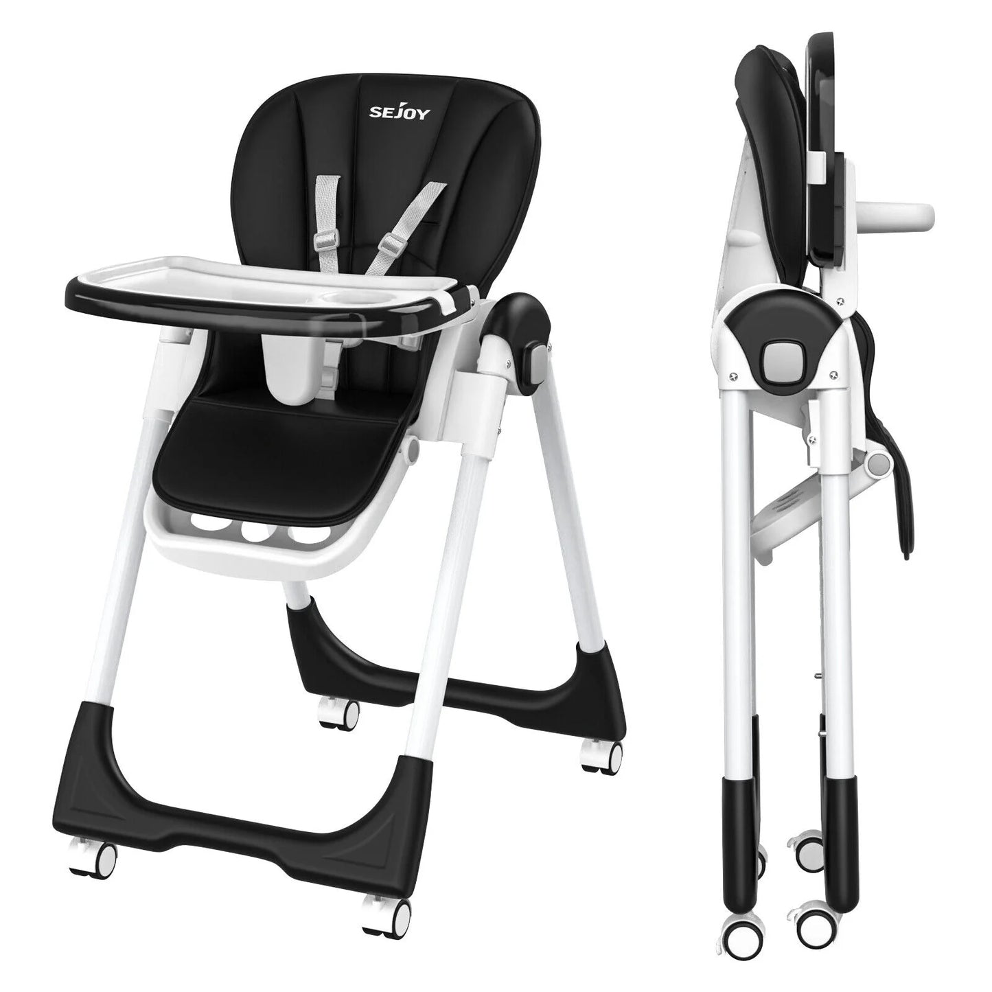 Sejoy Adjustable Baby High Chair with 5 Point Harness 3 Tier Tray and Wheels CE CPC Certified Children's Dining Chair