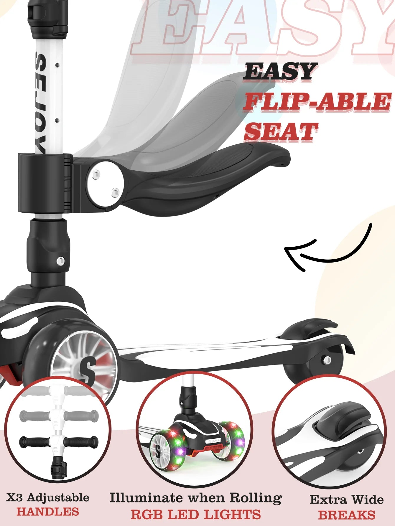 Sejoy Kid Kick Scooter Three Wheel Lightweight Children's Foot Scooter with LED Flashing Features Height Adjustable Design