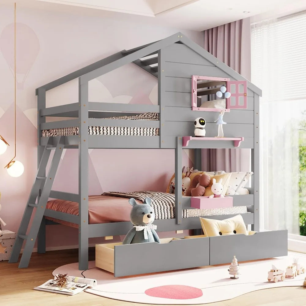 Twin Over Twin Bunk Bed With Drawers Storage Box Shelf Wood