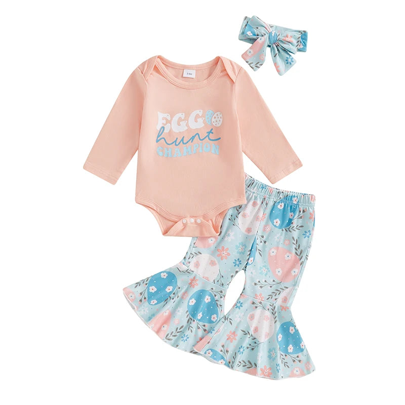 Adorable Baby Girl Easter Outfit With Bunny Print Long Sleeve Romper Flare Pants
