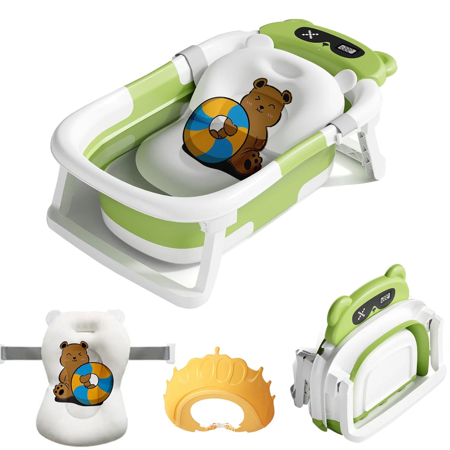 Baby Bath Tub with Bath Cushion Foldable Bathtub with Thermometer Shower Cap and Shower Brush for Newborn and Toddler 0 to 36 Months