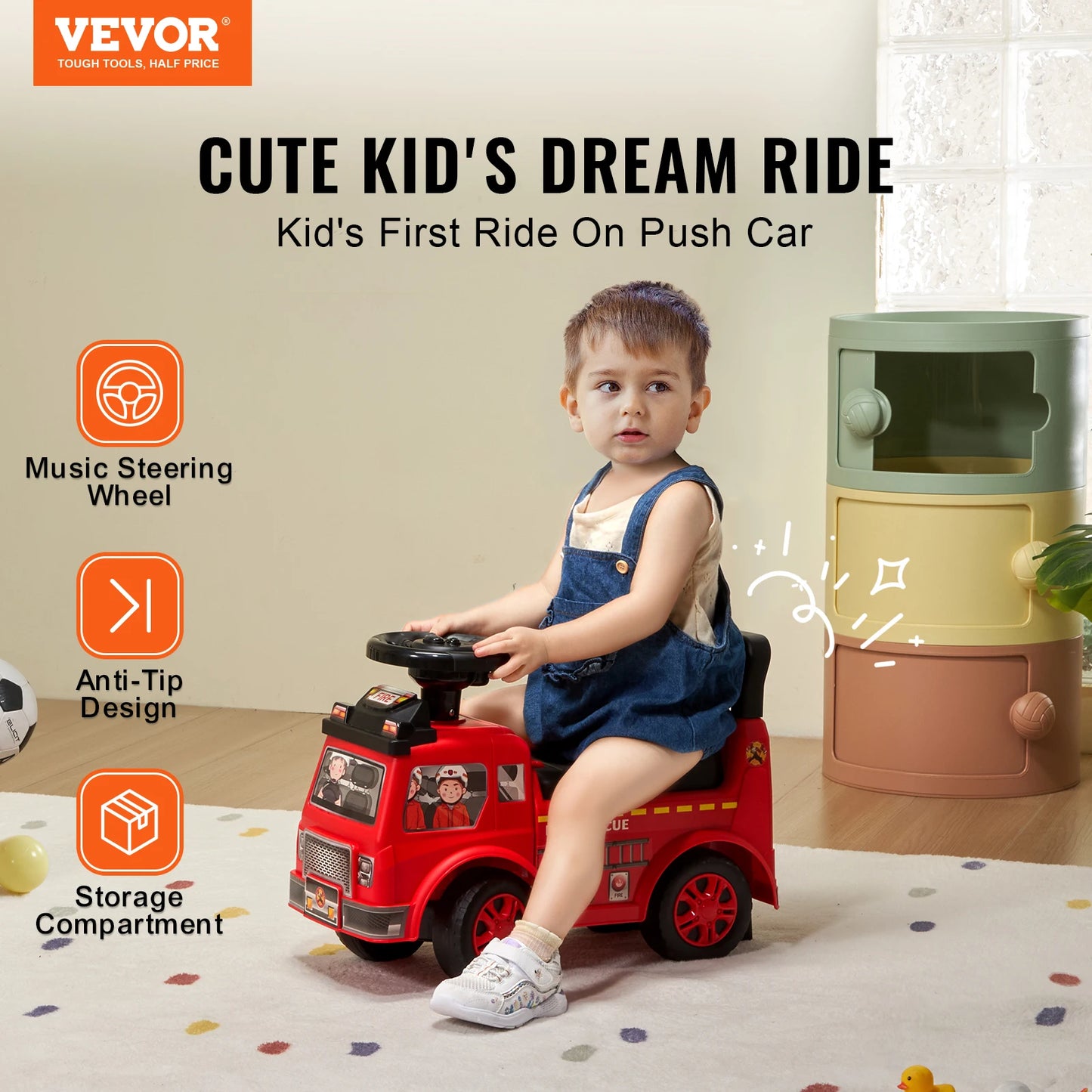 VEVOR Ride On Push Car for Kids with Music Steering Wheel and Under Seat Storage for Toddlers Ages 1 to 3