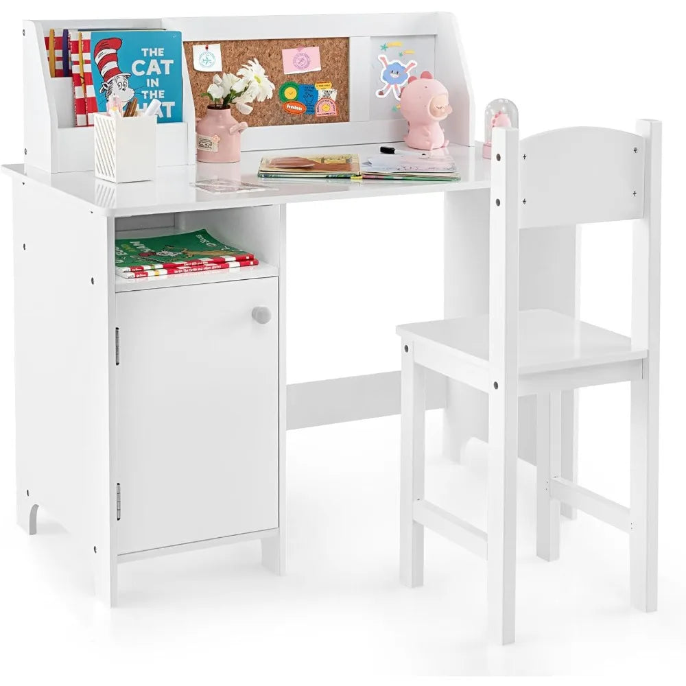Kids Desk and Chair Set Wooden Children School Study Table and Chair with Whiteboard Hutch and Storage Shelves for Ages 3 and Up White