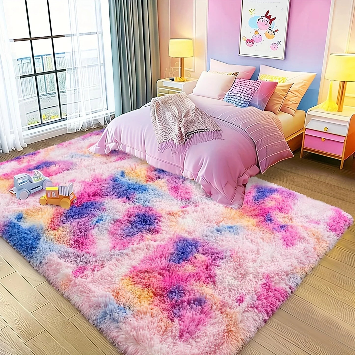 Fluffy Tie Dye Rainbow Carpet For Living Room And Bedroom