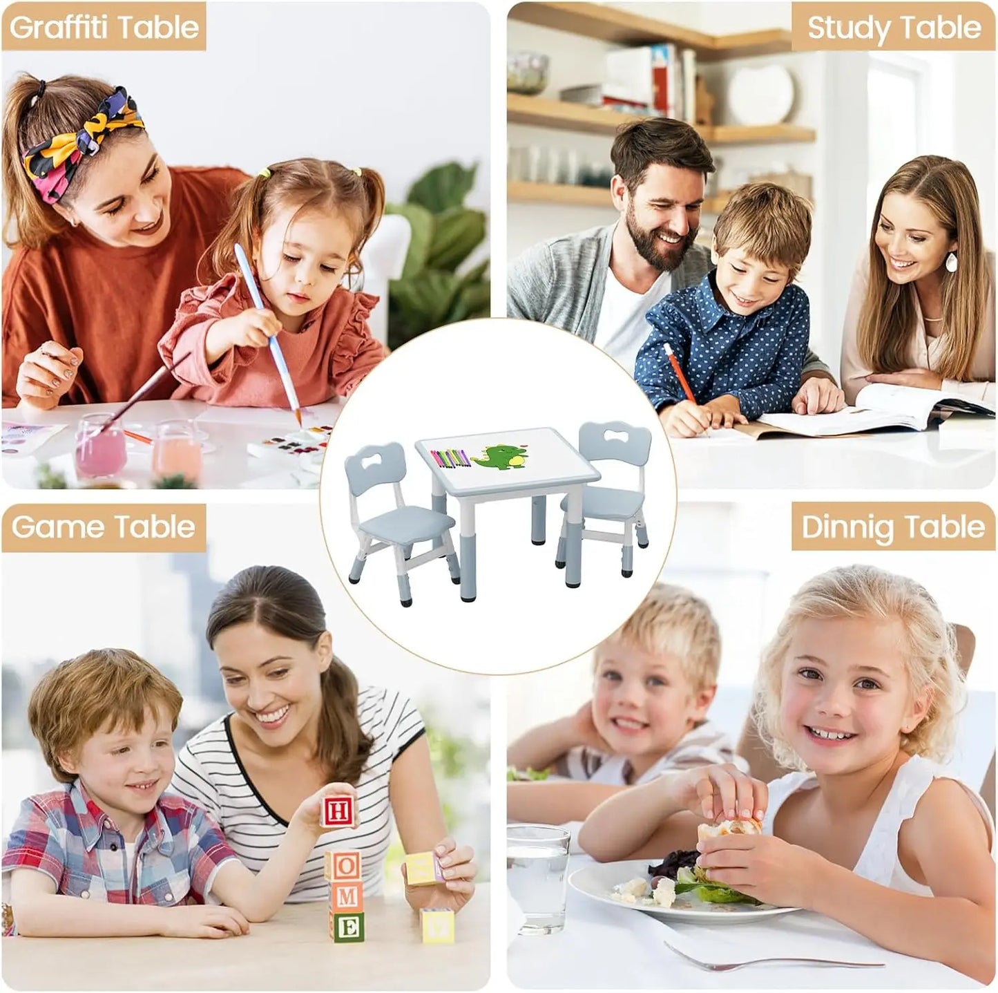 Kids Table And 2 Chairs Set With Graffiti Desktop Adjustable