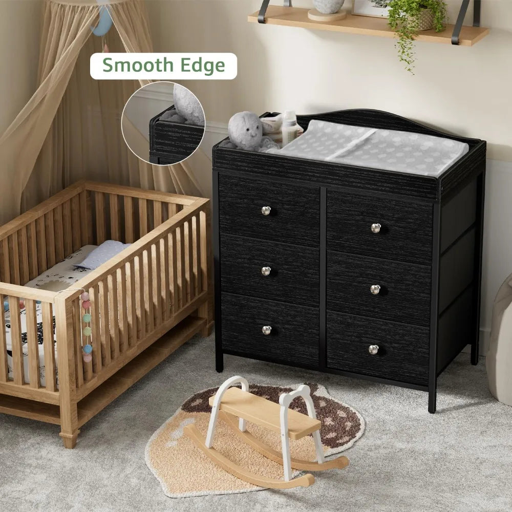 Black Changing Table Dresser With Six Fabric Drawers