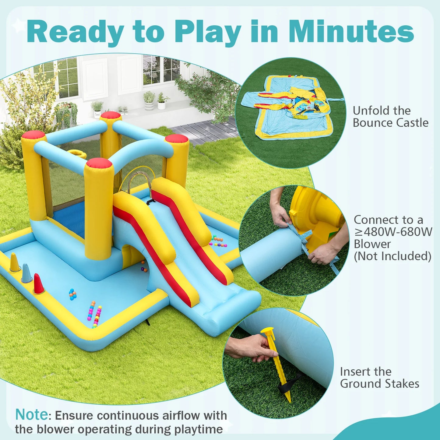 7-in-1 Giant Inflatable Bounce House with Slide Tunnel Basketball Hoop and Ring Toss Game