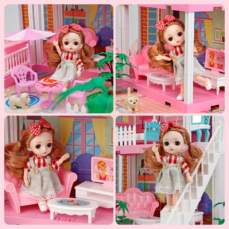DIY Princess Big Villa Simulation Assembled Dollhouse Pink Castle Pretend Play Educational Toy for Girls Birthday Gift