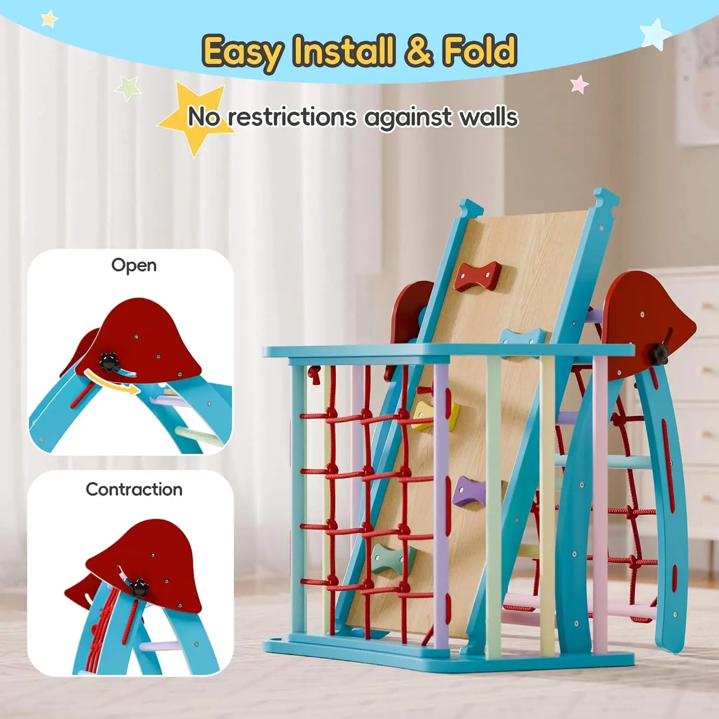 Pikler Triangular Set Foldable Wooden Climbing Gym Indoor Playground 6 in 1 Pikler Triangle for Toddlers