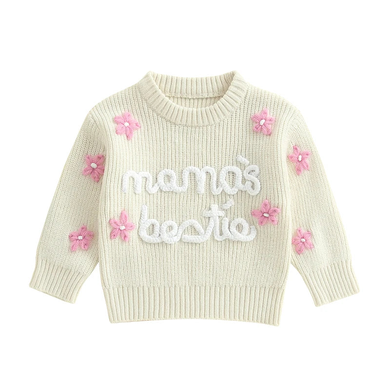Cute Baby Girls Knit Sweater Floral Embroidery Cozy Sleeves